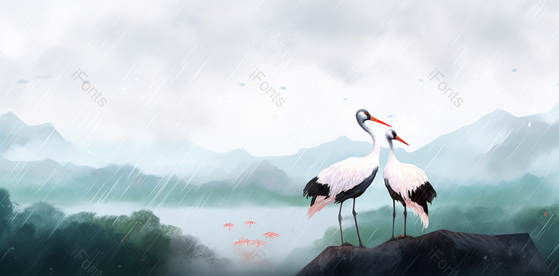 两只仙鹤在雨中相互依靠保护,高清,摄影图,摄影图片,图片大全,摄影图免费下载